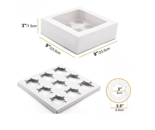 9-Hole Cupcake Boxes with Window and Insert, 9x9x3 Inch, White image 0
