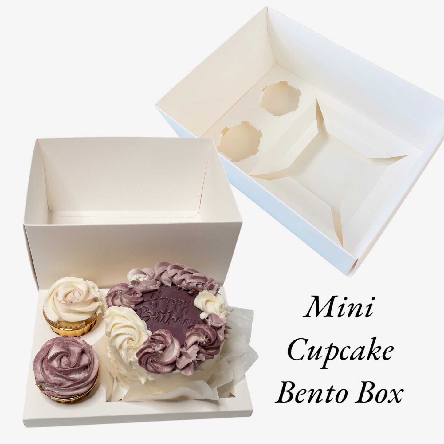 eco friendly bakery bento box for two cupcakes and mini cake packaging